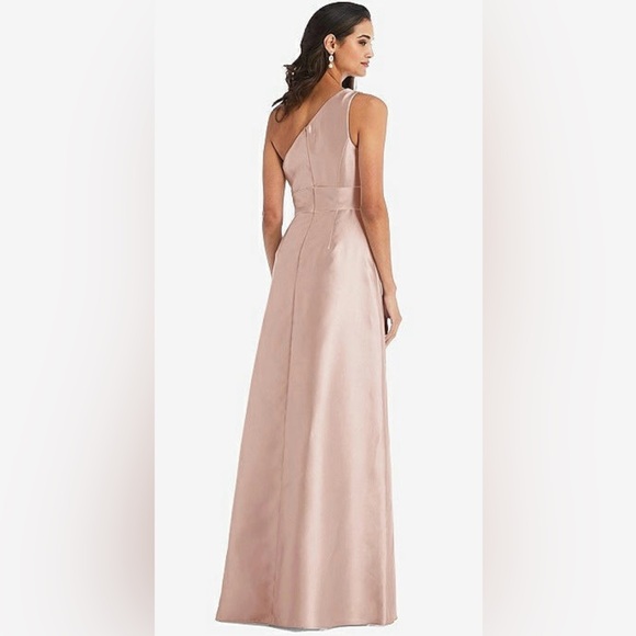 Alfred Sung NWT Draped One Shoulder Satin Maxi Dress w/ Pockets Toasted Sugar - Picture 6 of 10
